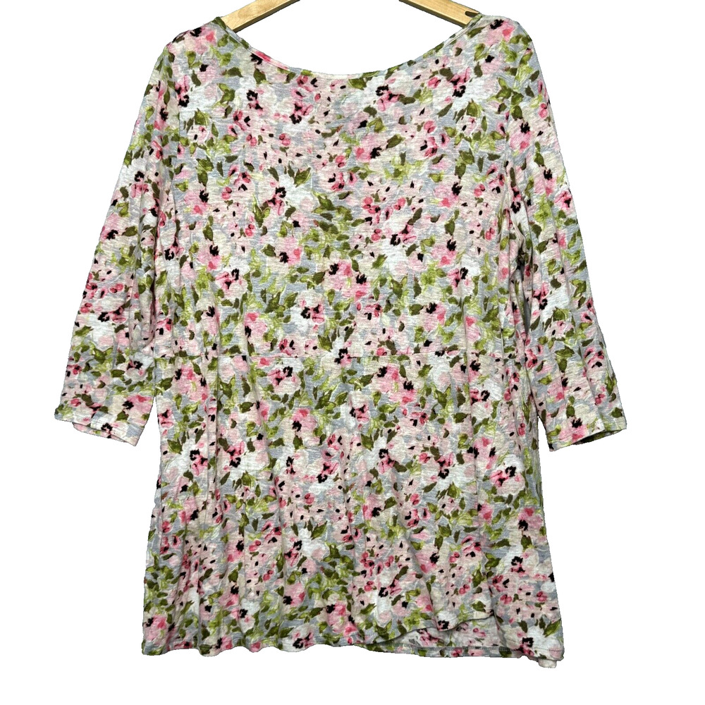 J. Jill Love Linen Top Womens Medium Pink Green Floral 3/4 Sleeve Pleated Tie